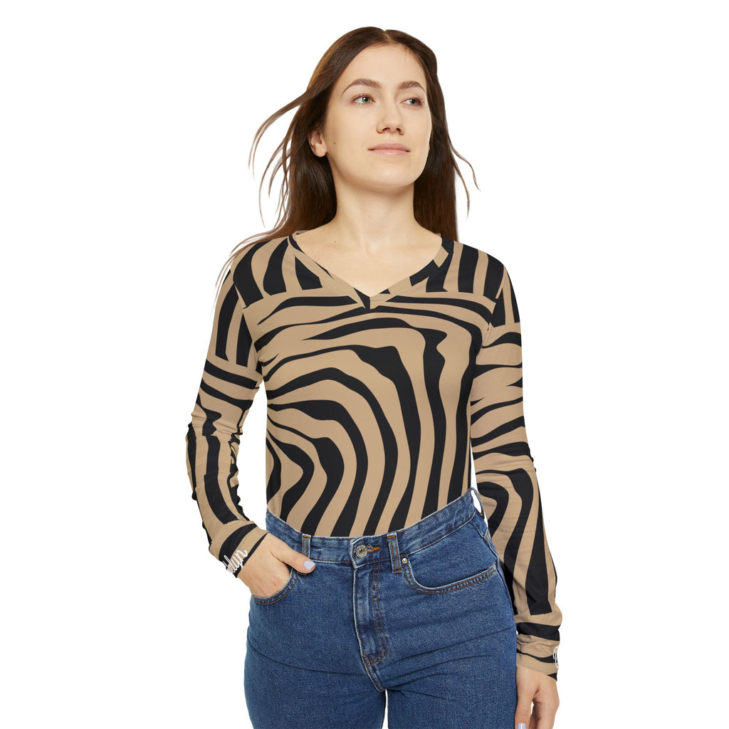 Zebra Stripe V‑Neck Long Sleeve Shirt