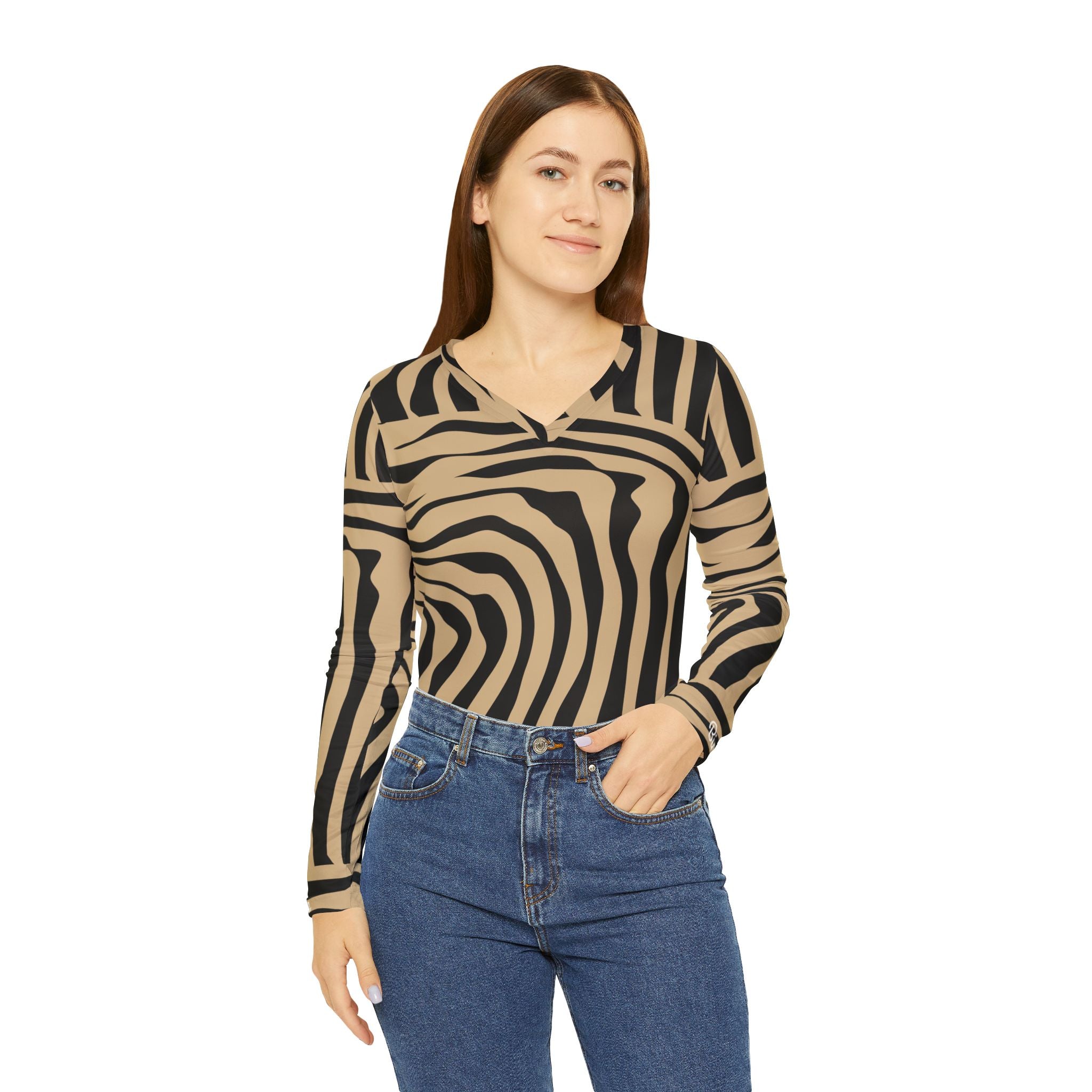 Zebra Stripe V‑Neck Long Sleeve Shirt