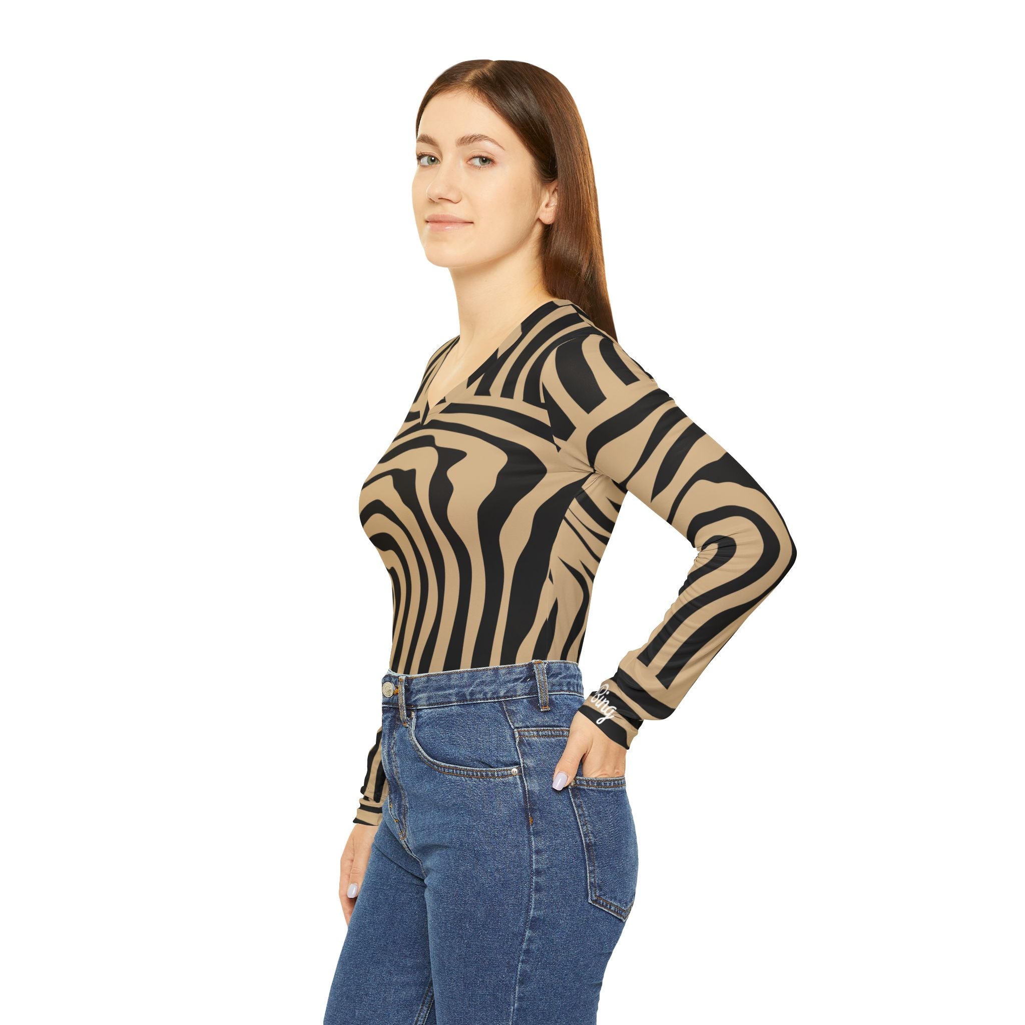 Zebra Stripe V‑Neck Long Sleeve Shirt